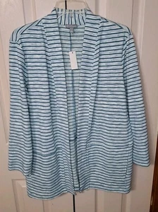 T by Talbots Strickjacke Gr. M türkis weiß gestreift offen Jersey Strick Taschen Stretch  - Bild 1 von 5