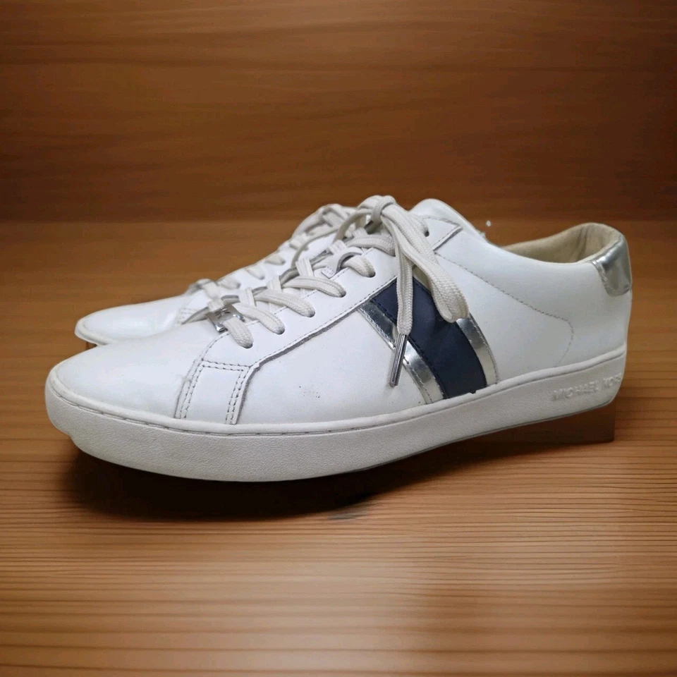 Michael Kors Irving Sneakers Genuine White Leather Blue & Silver Stripe 11M - Image 1 of 4