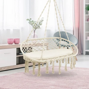 2 Person Hanging Hammock Chair with Cushion Macrame Swing 330 lbs Capacity Beige - Picture 1 of 10