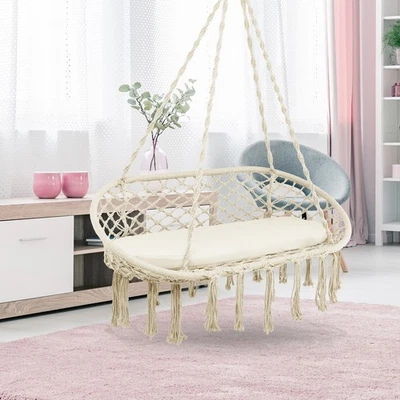 2 Person Hanging Hammock Chair with Cushion Macrame Swing 330 lbs Capacity Beige - Image 1 of 4