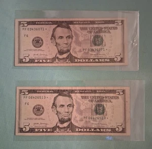 Two $5 Five Dollar Federal Reserve Note Star Notes (2-2017As) - Picture 1 of 4