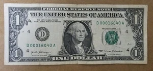 “Low Serial Number $1 Dollar Bill – 2017 Series D00016040A – Fancy... - Picture 1 of 7
