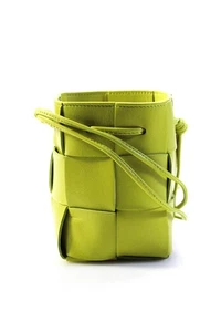 Bottega Veneta Womens Intrecciato Leather Mini Cassette Bucket Handbag Green - Picture 1 of 13