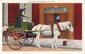 pc5248 postcard woman on milk cart pulled by horse not postally used New Orleans
