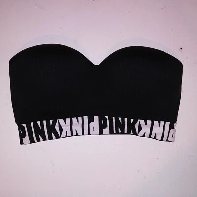 Victoria Secret PINK Bandeau Bra Small DD Black White Logo Strapless Cool & Comf - Image 1 of 4