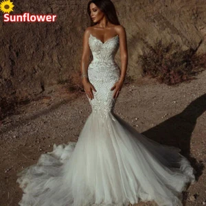 Luxury Mermaid Wedding Dresses Tulle Lace Applique Beaded Crystals Bridal Gowns - Picture 1 of 12