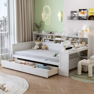 Wooden Twin Size Daybed with Storage & Desk, Multi-functional Bed, Antique White - Picture 1 of 20