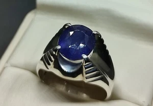 Natural 4 Carat Blue Sapphire Sterling Silver 925 Handmade Neelam Mens Star Ring - Picture 1 of 12