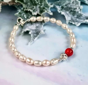 925 Sterling Silver white Freshwater Pearl Bracelet with Fashion red Turquoise - Picture 1 of 5