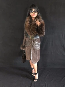 Verzierter Designer Elibol Princess langer Lammfell Wildleder & Fellbesatz Mantel 36 S - Bild 1 von 12