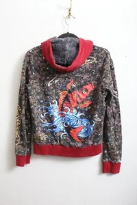 EUC M Y2K Ed Hardy Red Dragon Koi Faux Fur Hooded Full Zip Jacket - Bild 1 von 7