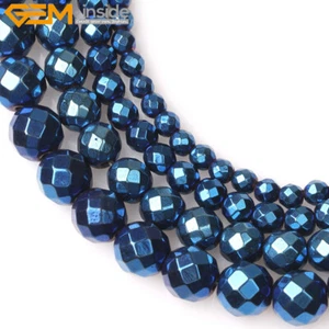 Round Blue Metallic Coated Hematite Faceted Stone Loose Beads Jewelry Making 15‘ - Picture 1 of 52