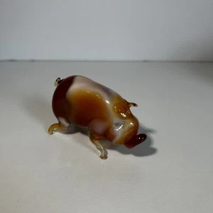 Glass blonde Pig Figurine Art Glass Orange Brown White Signed PG Brand W/Box - Picture 1 of 9
