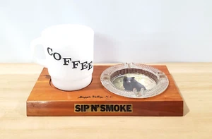 Sip N Smoke Souvenir Coffee Mug & Ashtray Set Maggie Valley NC Vintage Wood Base - Picture 1 of 17