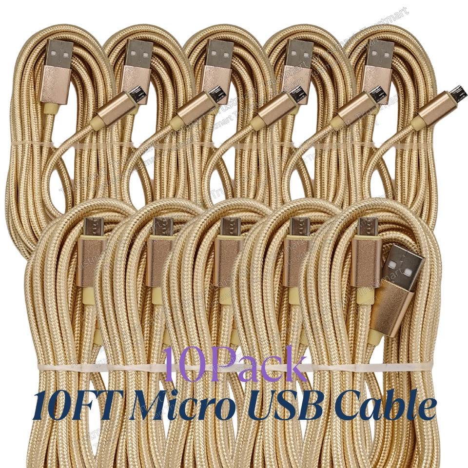 PACK de 10 cables micro USB 10 PIES/3 M cable cargador lote para Android Samsung Moto HTC LG Foto 1 de 4