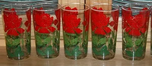 Vintage Set of 5 Red - Green Flowered Tumblers - Retro - Mint! - Picture 1 of 4