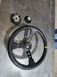 Nrg Steering Wheel 3" Deep 350mm Leather Yellow Stripe With Quick Release Hub - Picture 1 of 19