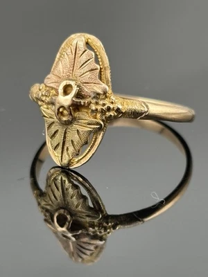 10k Black Hills Gold Leaf Ring w Infinity Symbol Yellow Rose Green Gold sz 6.75 - Image 1 of 4