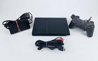 Consola delgada negra Sony PS2 PlayStation 2 SCPH-70012 con controlador OEM probado Foto 1 de 4