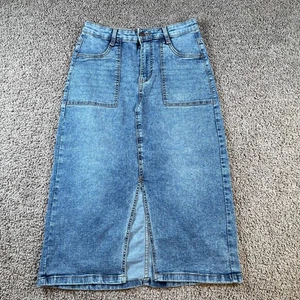 LOVEGEN Women Blue Denim Midi Skirt with Pockets Front Slit Size 7/29 boho retro - Picture 1 of 8