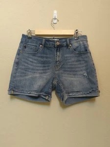 Kancan Distressed Denim Short Shorts Sz 30 Blue Zip Up Logo Pockets - Picture 1 of 11