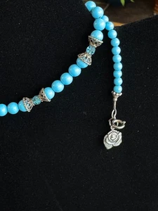 Sterling Silver 925 & Turquoise Bead Necklace Rose Charm Clasp Southwest Boho - Picture 1 of 11
