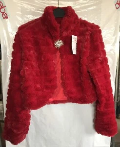 Long Sleeve Red Faux Fur Shrug Bolero Cardigan Jacket With Diamanté Brooch - Picture 1 of 4