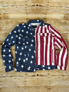 LIP SERVICE ROCKER USA AMERICAN FLAG PRINT PATRIOT DENIM JACKET M28-140 - Picture 1 of 4