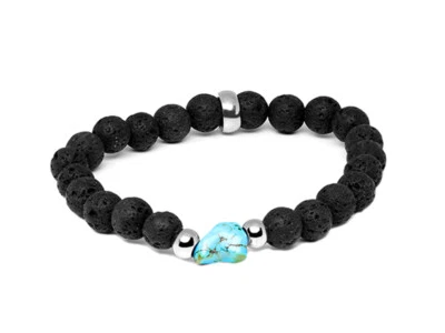 Pulsera de cuentas turquesa natural y piedra lava negra de 8 mm para hombre y mujer Foto 1 de 2