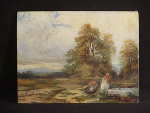 ancien tableau huile sur carton paysage forêt et lac école de Barbizon XIX ème - Picture 1 of 2