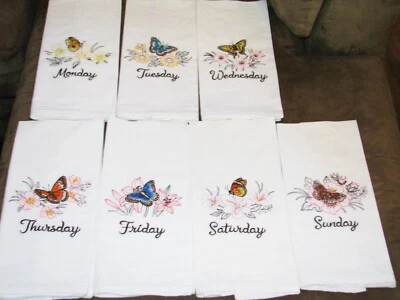 HANDMADE Butterflies & Blooms Days Of The Week Machine Embroidered Kitchen Towel Set (7)
