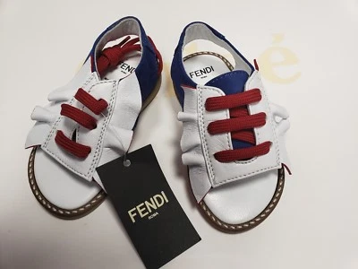 NUEVO Fendi Bebé Niñas Blanco Rojo Azul Cuero Logo Volantes Sandalias Zapatos 20 US 4 Foto 1 de 3