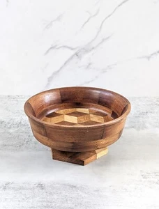 Vintage Segmented Wood Pedestal Bowl, Checkered Pattern, MCM Mid-Century - Picture 1 of 8