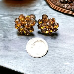 Vintage Amber Rhinestone Costume Earrings Sphere Design Screw Back Gold Tone