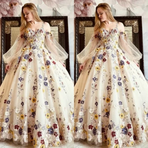 Champagne Wedding Dress Puffy Sleeve Strap Colorful 3D Flower A Line Bridal Gown - Picture 1 of 9