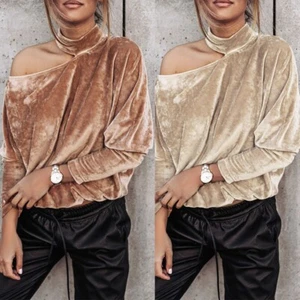 Women Velvet Velour Off The Shoulder Long Sleeve Top Blouse - Picture 1 of 8