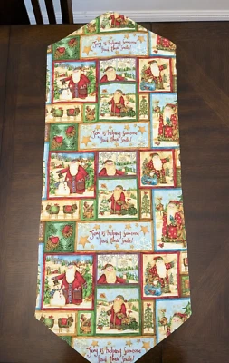 Country Farmhouse Christmas Table Runner 42x15.5" Santa Patchwork Folk Art - Image 1 of 4