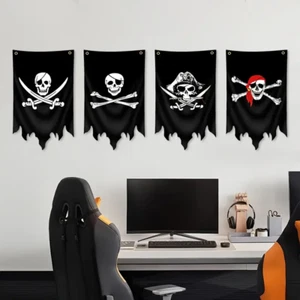Bandera pirata x 4 calaveras y huesos cruzados Jolly Roger colgante de pared 30 x 50 cm FreePost - Imagen 1 de 9
