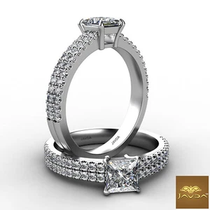 French Pave Set Princess Natural Diamond Engagement Ring GIA F VS2 Platinum 1Ctw - Picture 1 of 3