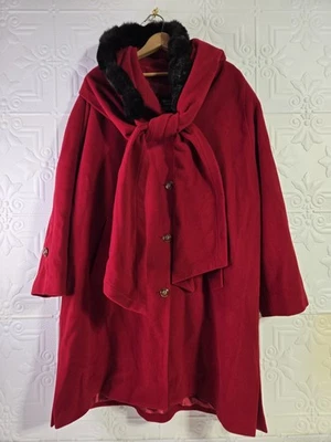VTG Dennis Basso Red Riding Hood Wool Cashmere Coat Faux Fur Hood Scarf Size 1X - Image 1 of 4
