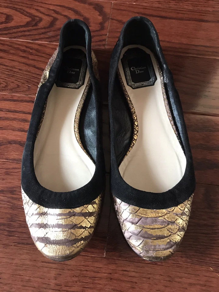 Christian Dior золотой питон треснувший и черная замша балетки туфли 36,5 - Изображение 1 из 4