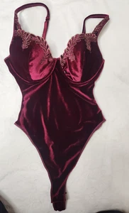Victorias Secret Y2K 36D Burgundy Velvet Teddy thong Bodysuit VTG HiCut Metallic - Picture 1 of 12