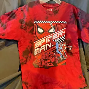 Marvel Spiderman Car Action Graphic Tie Dye Red/Blk Mens Tshirt Size M - Picture 1 of 3