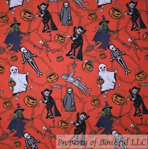BonEFul FQ Cotton Quilt Red Orange Pumpkin Black Witch Dracula Halloween Scenic - Picture 1 of 14