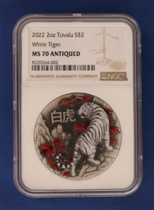 2022 Tuvalu 2oz Silver $2 coin "White Tiger" NGC Graded MS70 with COA - Picture 1 of 4