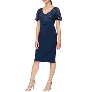Alex Evenings Sequin Dress Navy Blue Ruched V-Neck Short Sleeve - Picture 1 of 8