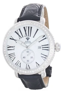 Aqua Master Men's White Mop Dial Diamond Bezel Black Leather Band Watch W#203 - Picture 1 of 3