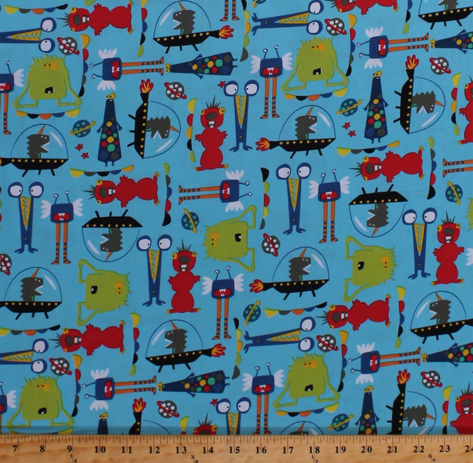 Aliens Estrellas Espaciales Planetas Monstruos Niños Azul Algodón Tela Estampado POR D779.55 Foto 1 de 1