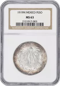 MEXICO ESTADOS UNIDOS 1919 1 PESO SILVER COIN, PCGS CERTIFIED UNCIRCULATED MS63 - Picture 1 of 6