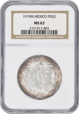 MEXICO ESTADOS UNIDOS 1919  1 PESO SILVER COIN, PCGS CERTIFIED UNCIRCULATED MS63 - Image 1 of 4